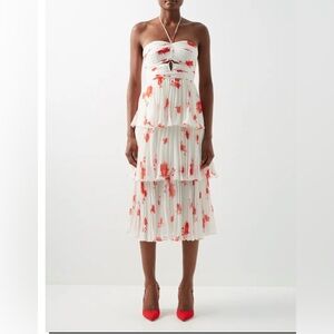 NEW Self-Portrait Wild Daisy Print‎ White and Red Halterneck Tiered Dress Small